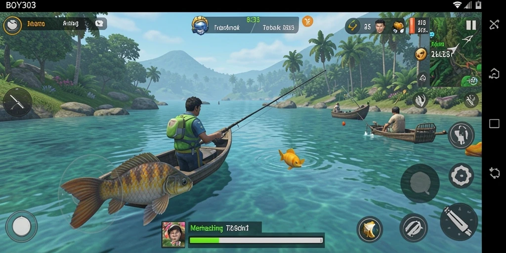 Screenshot gameplay BOY303 menampilkan momen seru memancing di laut lepas.