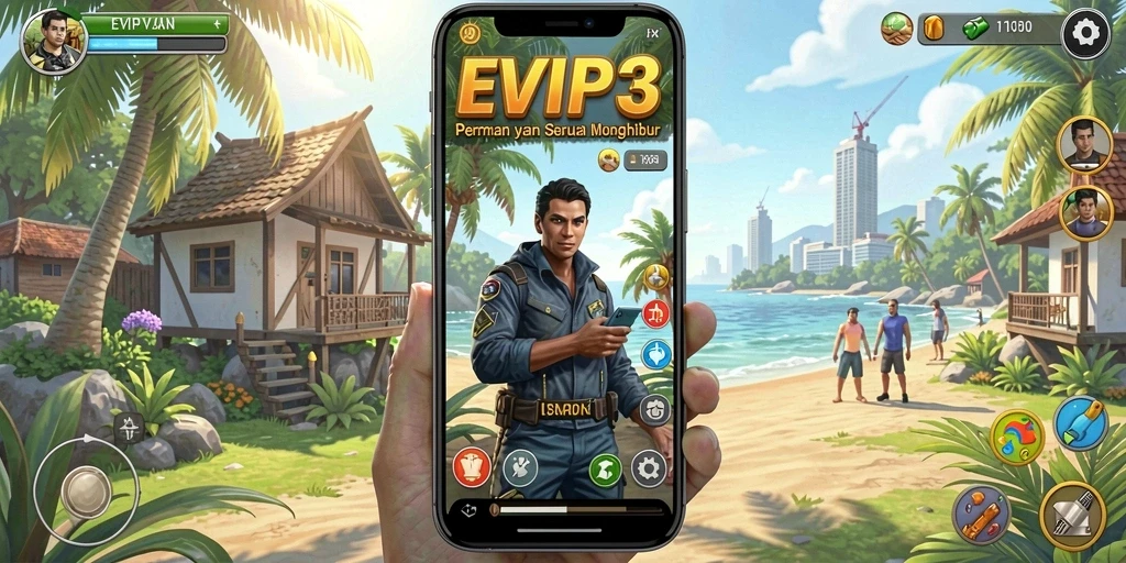 Tampilan dinamis gameplay EVIP3 yang seru dan penuh warna.