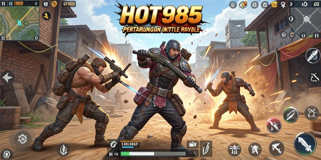 Screenshot HOT985 menampilkan aksi pertempuran seru dalam game Battle Royale.