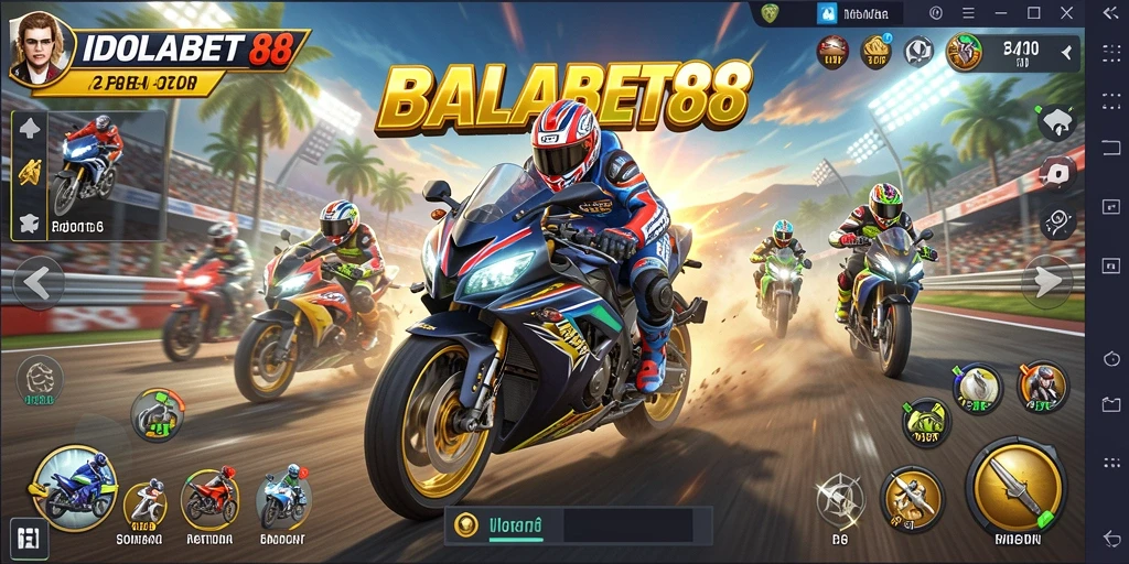 Screenshot utama gameplay IDOLABET88 yang menunjukkan balapan motor yang seru.