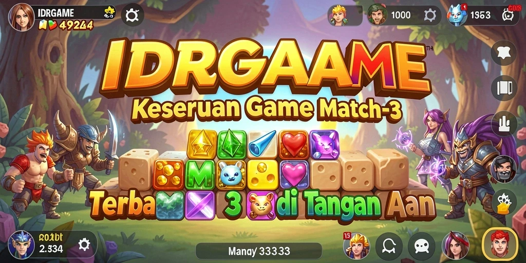 Tangkapan layar utama IDRGAME menampilkan gameplay Match-3 yang seru dan penuh warna.