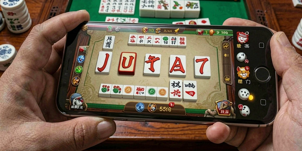 Tampilan gameplay menarik dari JUTA7 dengan batu Mahjong yang berwarna-warni.