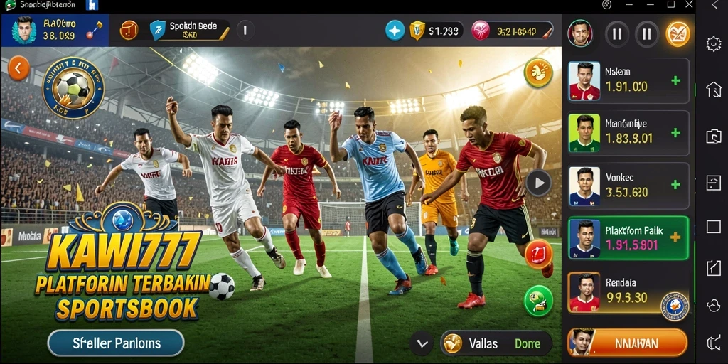 Screenshot utama KAWI777 menunjukkan tampilan antarmuka aplikasi Sportsbook yang menarik.
