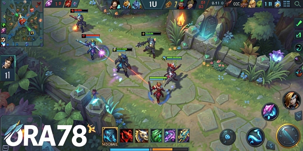 Screenshot gameplay ORA78 dengan aksi seru di arena MOBA.