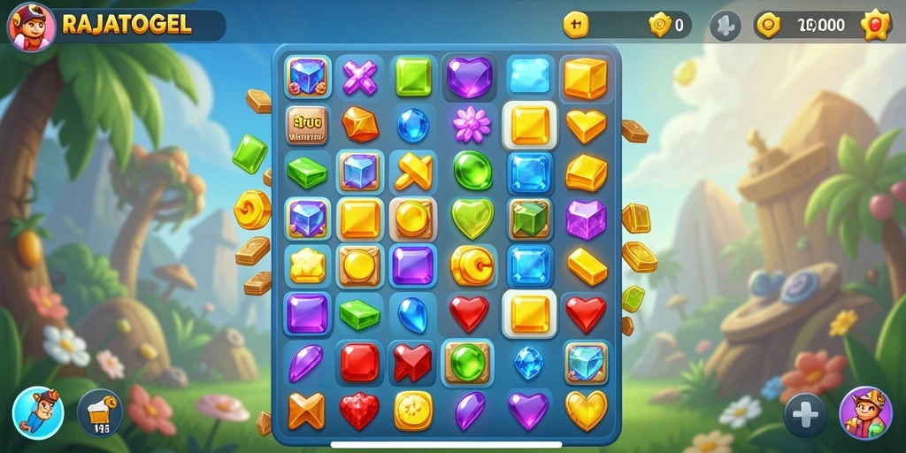 Tampilan gameplay Match-3 yang seru dan penuh warna di RAJATOGEL.