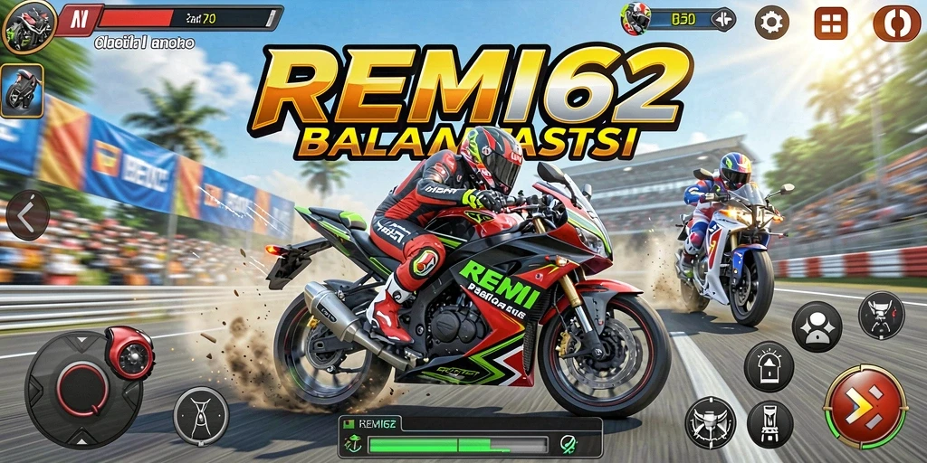 Screenshot gameplay REMI62 yang mendebarkan dan penuh aksi balapan motor.