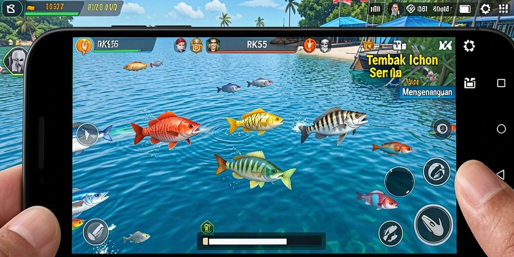 Tangkapan layar gameplay RK55 dengan ikan berwarna cerah dan suasana lautan yang memukau.
