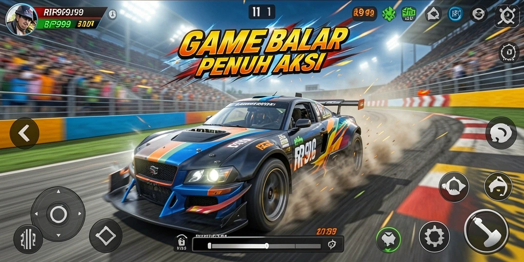 Screenshot gameplay RR999 menampilkan aksi balapan yang mendebarkan.