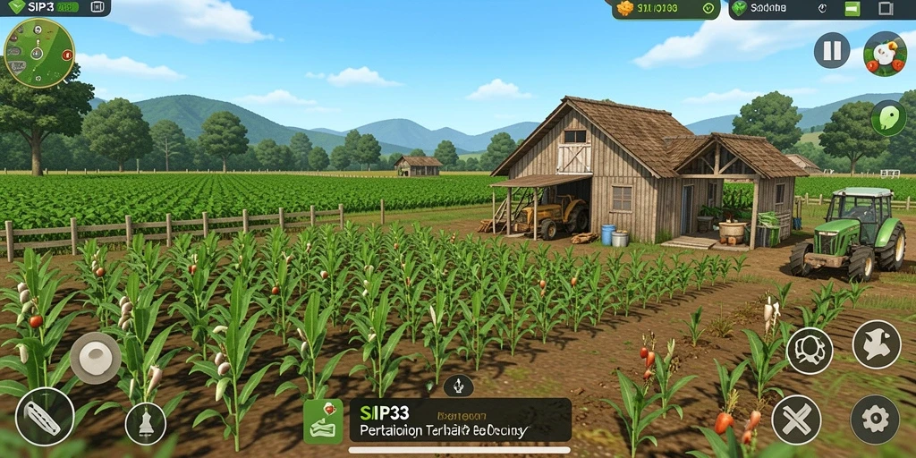 Tampilan gameplay SIP33 yang menakjubkan dengan pertanian yang subur.